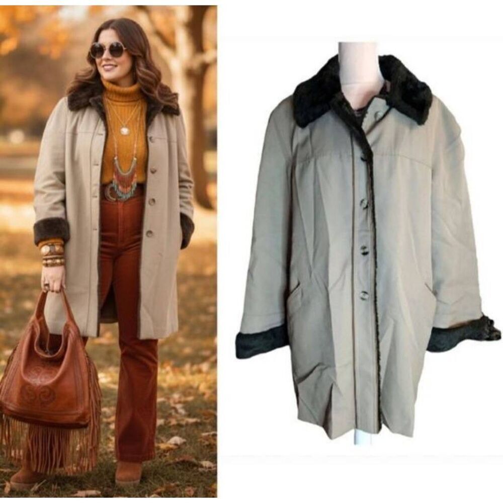 VTG 70s Penny Lane Style Peacoat Fur Lined Cuffed Beige Brown Plus 18